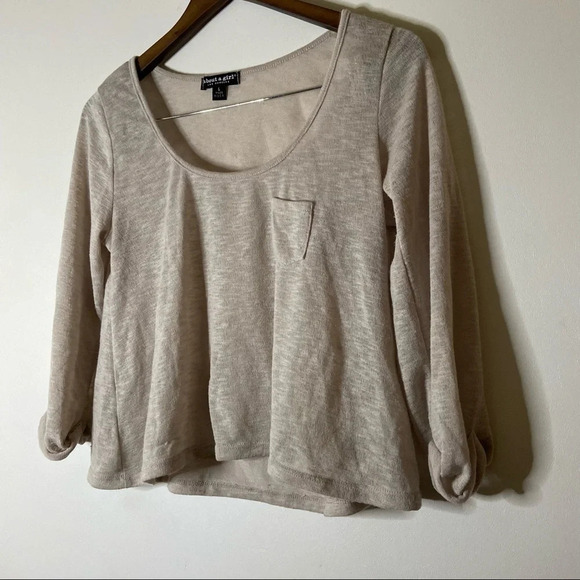 Crop Knit Sweater Swoop Neck Top lightweight 3/4 Sleeve Size Large Cream Tan - Picture 5 of 10
